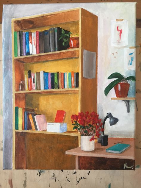 Acrylic painting, interior design, room makeover, bookshelf, artwork, warm colors, colorful Painting Of A Bookshelf, Painting Of Bookshelf, Bookshelves Painting, Bookshelf Painting, Senior Year Art, Painted Bookshelves, Room Bookshelf, Bookshelf Art, Ap Studio Art