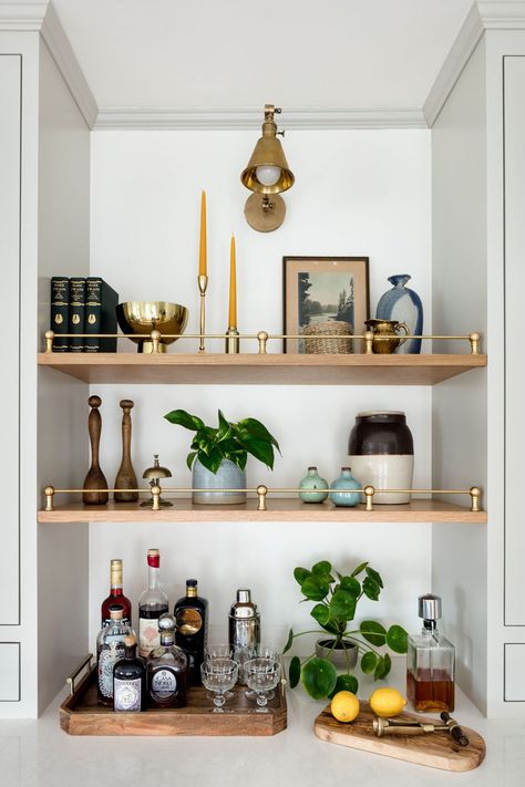 Bar Layout, Corner Kitchen Sink, Seattle Interior Design, Craftsman Remodel, Bar Nook, Dining Room Layout, Starter House, Bar Shelves, Midcentury Home