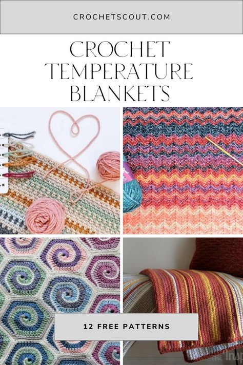 A collection of crochet temperature blanket patterns. High Low Temperature Blanket, Mood Blanket Crochet Ideas, Weather Crochet Blanket, Crochet Weather Blankets, Weather Blanket Crochet, Tempature Blanket Crochet, Tempature Blanket Crochet Pattern, Crochet Temperature Blanket Ideas, Tempature Blanket