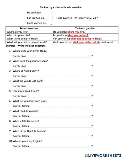 Indirect Questions Worksheet, Wh Question Worksheet, English Lesson Plans, English Grammar Worksheets, Wh Questions, Grammar Worksheets, School Subjects, Online Workouts, Teaching Tools