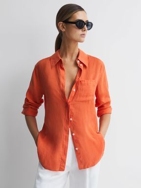 Orange Linen Shirt Outfit, Orange Shirt Outfit Summer, How To Style Orange Shirt, Orange Shirt Outfit, Linen Shirt Outfit, Colour Clash, Orange Shirt, Girls Blouse, Of Model