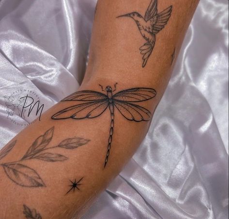 Feminine Art Tattoos, Forearm Elbow Tattoo Women, Dragonfly Hummingbird Tattoo, Neck Placement Tattoos, Dragonfly Elbow Tattoo, Patchy Sleeve Tattoo Women Arm, Dragonfly Hand Tattoos For Women, Dragonfly Tattoo Design With Flowers Forearm, Front Of Arm Tattoo Women