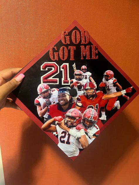 Football, college , highschool, graduation cap Football Grad Cap Ideas, Graduation Cap Designs Football, Grad Cap For Guys, Football Graduation Cap Ideas, Guy Graduation Caps, Men Graduation Cap, Graduation Cap Designs Boys, Boys Graduation Cap Ideas, Graduation Cap Designs For Guys