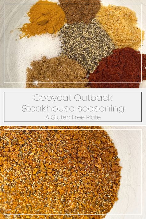 Are you looking a tasty steakhouse seasoning to spice up your home cooked meals? Then check out our copycat recipe for the steakhouse seasoning used at the Outback Steakhouse. This peppery seasoning goes great with steak, chicken, grilled vegetables, french fries, and more! #recipes #glutenfree #seasoning #spicemix #glutenfree Outback Steak Seasoning Copycat Recipes, Outback Steakhouse Copycat Recipes, Outback Wings Recipe Copycat, Outback Seasoning Recipe, Steak Spice Recipe, Soul Seasoning Recipe, Steak Seasoning For Grill, Outback Copycat Recipes, Longhorn Steakhouse Steak Seasoning