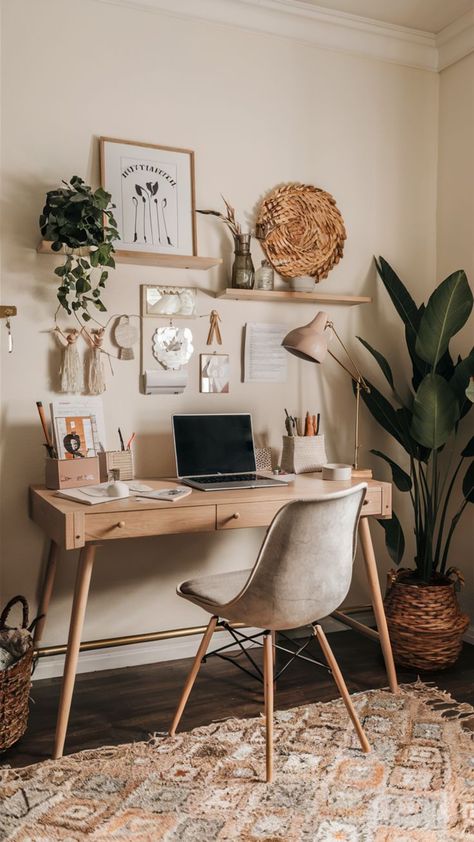 Create a stylish and functional bohemian home office with cozy room decor. Mix boho room decor with scandi boho interior elements for a chic workspace. Use office organization tips to keep your space neat and inspiring. Perfect for a feminine home office makeover. #homeoffice #bohemianhomeoffice #bohostyle #cozyroomdecor #officemakeover #bohoofficespace #officedecor #femininehomeoffice #officeorganization #home Small Boho Desk Ideas, Hygge Office At Home, Office Ideas Boho, Home Office Boho Chic, Boho Chic Office Decor, Boho Workspace, Boho Office Space Workspaces, Boho Office Room, Boho Chic Office