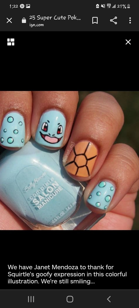 Short Pokemon Nails, Ditto Nails Pokemon, Pokemon Nails Easy, Charmander Nails, Squirtle Nails, Snorlax Nails, Adventure Time Nail Art, Ditto Nails, Eevee Nails