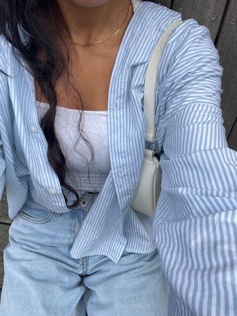 White Shirt And Light Blue Jeans Outfit, Tops For Light Blue Jeans, Blue And White Chemise Outfit, Light Blue Old Money Aesthetic, Blue Shirt Inspo Outfit, Blue Jeans Blue Shirt Outfit, White And Blue Blouse Outfit, Light Blue Jeans Summer Outfit, Outfit Inspo With Blue Jeans