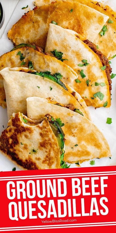 Minced Beef Tortilla, Baseball Meals, Quesadilla Ideas, Avocado Meals, Quesadilla Recipes Beef, Ground Beef Quesadillas, Beef Quesadillas, Pantry Meals, Seasoned Ground Beef