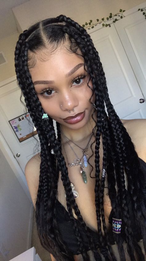 saf on Twitter: "🧝🏽‍♀️… " Boxer Braids Black Women, Braided Goddess Braids, Goddess Braids Box Braids, Braids For Type 3 Hair, Crystals In Braids, Black Y2k Hairstyles Braids, Alternative Braids Black Women, Box Braids Types, Black Jade Braids