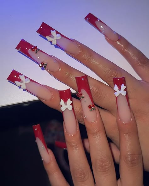 ˗ˏˋ 🍒 ˎˊ˗ . . . . . . #nailinspo #nails #nailsofinstagram #nailart #nailsoftheday #nailtech #naildesigns #acrylicnails #gelnails #naildesign #mx #nailsonfleek #nailsnailsnails #nailartist #explorepage #longnails #nailaddict #hispanic #nailporn #inspire #nailideas #nailinspiration #nail #nailstagram #glitternails #nailsdesign #manicure #gelpolish #explore #instanails #nailstyle Long Nails Red Design, Cute Nail Ideas Long Square, Red French Valentine Nails, Long Red French Tip Nails, Long Acrylic Nails Red, Cute Red Nails Acrylic, French Valentine Nails, Red Square Acrylic Nails, Red Nails French Tip