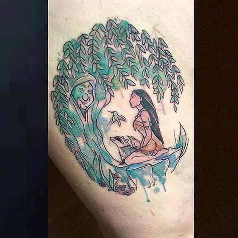 Disney Inspired Tattoos, Disney Sleeve Tattoos, Pocahontas Tattoo, Tattoo Disney, Disney Sleeve, Ghibli Tattoo, Theme Tattoo, Disney Pocahontas, Feather Tattoos