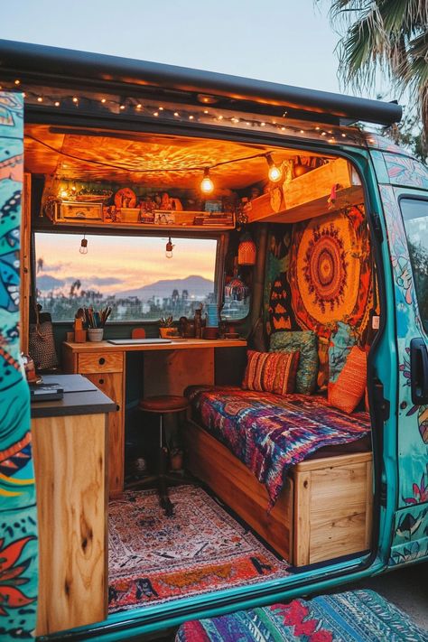 50+ Hippie Camper Vans for Digital Nomads - TastyInteriors Food Truck Camper Conversion, Vanlife Interiors Boho, Vw T1 Interior, Touring Caravan Interior Ideas, Hippie Camper Interior, T4 Interior Ideas, Boho Camper Interior, Hippie Van Interior, Bohemian Camper