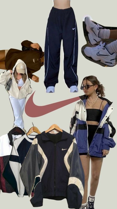 Vintage Nike Outfits Woman, Old Nike Joggers, Vintage Nike Clothes Aesthetic, Old Nike Track Pants, Old School Nike Clothes, Nike Astethic Outfits, Vintage Nike Parachute Pants, Nike 2000s Fashion, Old Nike Clothes Aesthetic