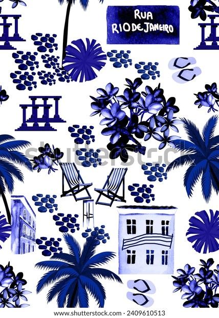 Rio Illustration, Blue Rio, Rio Beach, Palm Tree Flowers, Blue Patterns, Tree Flowers, Farm Rio, Blue Pattern, Image Illustration