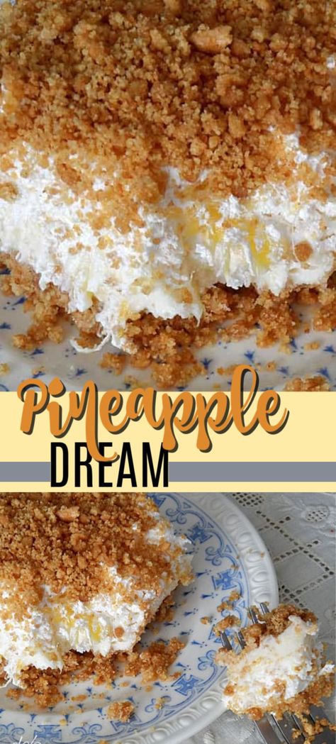 Oh my gosh, this is the BEST!! My grandma always made this and now my mom does. Guess I'll have to start making it too because it just rocks! It's called Pineapple Dream Dessert. Yum! #pineappledesserts #pineapplecreamcheesedesserts #creamcheesedesserts #pineapple #potluckdesserts #nobakedesserts #onepandesserts #summerdesserts #amandascookin Pineapple Dessert Easy, Graham Cracker Dessert, Pineapple Dream, Pineapple Dream Dessert, Dream Dessert, Pineapple Dessert Recipes, Nutella Desserts, Pineapple Desserts, Potluck Desserts