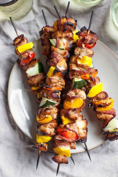 Maple Balsamic Chicken and Bacon Skewers Maple Balsamic Chicken, Bacon Skewers, Paleo Bbq, Chicken And Bacon, Maple Balsamic, Shish Kabobs, Healthy Grilling Recipes, Kabob Recipes, Skewer Recipes