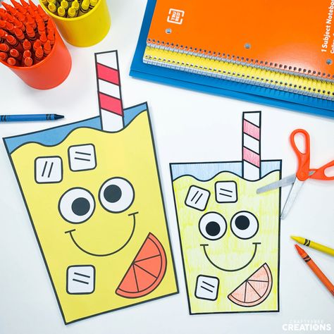 Simple & Refreshing Lemonade Craft for Kids - Crafty Bee Creations First Day Of Summer Toddler Craft, Summer Theme Preschool Crafts, Lemonade Crafts For Kids, Lemonade Crafts For Toddlers, Lemonade Day At School, Lemonade Day Activities, Summer Prek Crafts, Summer Craft Kindergarten, Lemonade Activities For Preschool