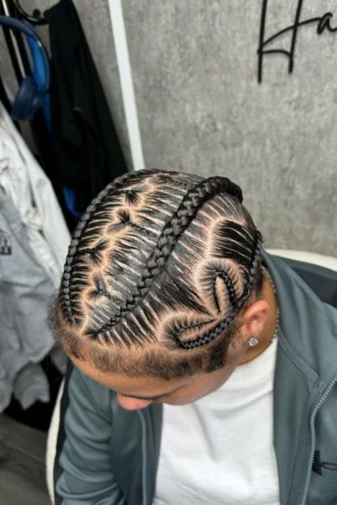 Fishtail Braids With Small And Big Heart Designs Heart Cornrows Men, Braids Designs For Men, Heart Braids Men, Stitch Braids With Heart Design, Braids With Heart Design, Braid Designs For Men, Cornrows Men, Heart Braids, Cornrow Designs