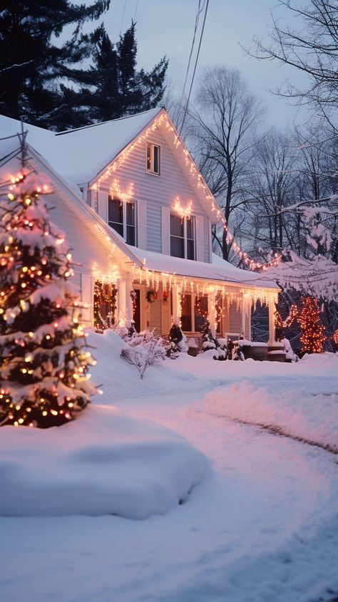 House Ideas Farmhouse, Outside House Ideas, Lights Outside House, Christmas Lights Outside House Ideas, Winter House Exterior, Lights Outside, Outside House, Christmas Lights Outside, Beautiful Winter Scenes