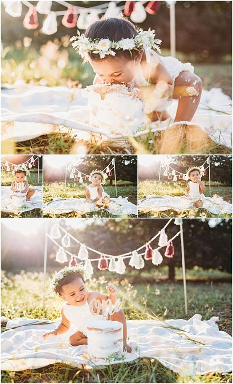 Outdoor Cakesmash Shoot, First Birthday Cake Smash Photoshoot Outdoor, Picnic First Birthday Photoshoot, Boho One Year Old Birthday Photos, Outdoor Boho Cake Smash, Boho Birthday Pictures, Smash Cake Birthday Pictures, First Birthday Cake Smash Outdoor, Backyard Cake Smash