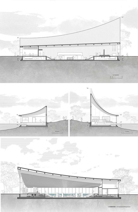 Long Section Architecture, Water Diagram Architecture, Rain Diagram Architecture, Lakefront Development Architecture, Section Of Curved Building, Bookstore Design, Apartments Exterior, Roof Shapes, Architecture Design Drawing