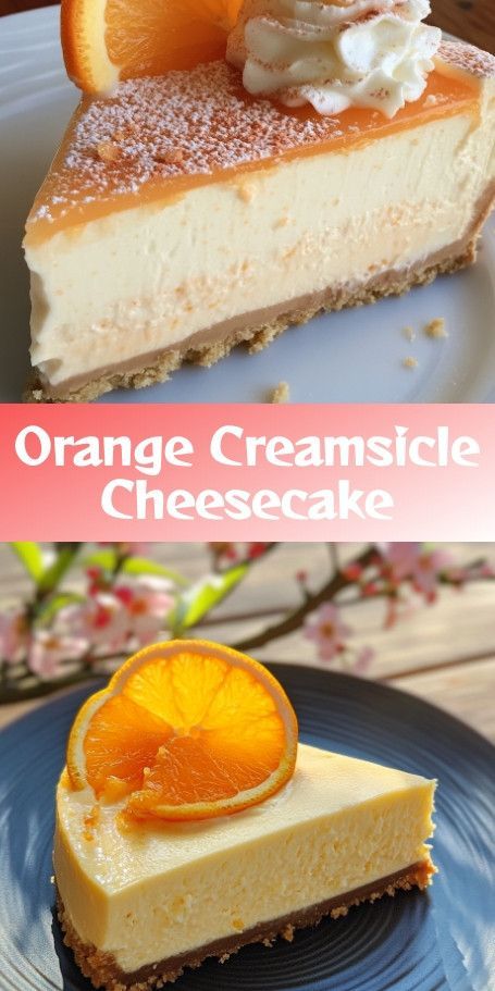 "Orange Creamsicle Cheesecake - Creamy Citrus Delight!" Indulge in the creamy, tangy goodness of this Orange Creamsicle Cheesecake that's bursting with fresh orange flavor and a hint of sweetness. Perfect for citrus lovers, this dessert is sure to be a hit at any gathering or special occasion. Try making this recipe and wow your friends and family with a dessert that's as beautiful as it is delicious! #OrangeCreamsicleCheesecake #CitrusDesserts #CheesecakeLove #CreamyDelight #DessertGoals Orange Creamsicle Cheesecake Recipe, Citrus Cheesecake, Samoa Cheesecake, Orange Creamsicle Cheesecake, Creamsicle Cheesecake, Make Cheesecake, Citrus Desserts, Chocolate Poke Cake, How To Make Orange