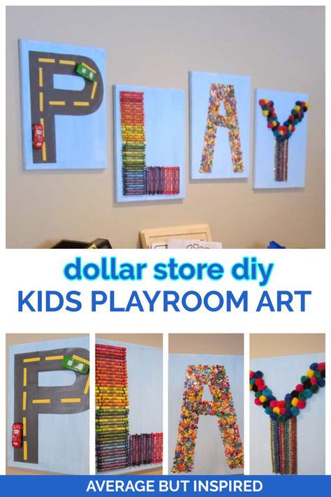 If you need to fill a blank wall in your kids' playroom, try this! Use supplies from the dollar store to create this DIY kids playroom art. It's colorful and cute! #playroomart #diyart #artforkids Playroom Wall Art Diy, Playroom Wall Pictures, Diy Playroom Wall Art, Diy Playroom Decor The Wall, Dollar Tree Playroom Ideas, Diy Playroom Art, Playroom Wall Decor Diy, Wall Decor For Playroom, Diy Playroom Wall Decor