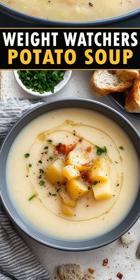 This easy Weight Watchers Potato Soup is a low-calorie, hearty dish packed with flavor! Made with wholesome ingredients like potatoes, low-fat broth, and a few secret seasonings, this soup is perfect for anyone following a healthy eating plan. ⭐️ Get the full recipe now and enjoy guilt-free comfort food! 👉 Click to save this Pin for your next cozy meal. Don't forget to share it with your friends! #WeightWatchers #PotatoSoup #HealthyRecipes #LowCalorieMeals #SoupSeason Lightened Up Potato Soup, Ww Potato Soup Recipes, Daniel Fast Potato Soup, Potato Soup Light, Low Sodium Potato Soup Recipes, Low Cal Potato Soup, Heart Healthy Potato Soup, Low Calorie Potato Soup, Potato Soup Low Calorie