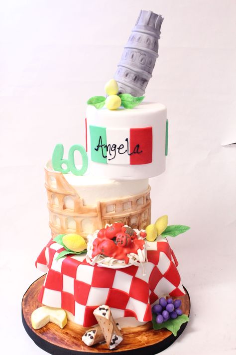 Leaning Tower of Pisa Cake, Italy Cake, Fondant Lemons, Fondant Leaning Tower, 60th Birthday Cake, Fondant Spaghetti, Fondant Cheese and Grapes, Fondant Canollis Italy Birthday, Themed Cake Ideas, Italian Baby Showers, Whimsical Cakes, Cake Recipes Uk, Tie Dye Birthday Party, Diy Cakes, 60th Birthday Cake, Italian Cakes