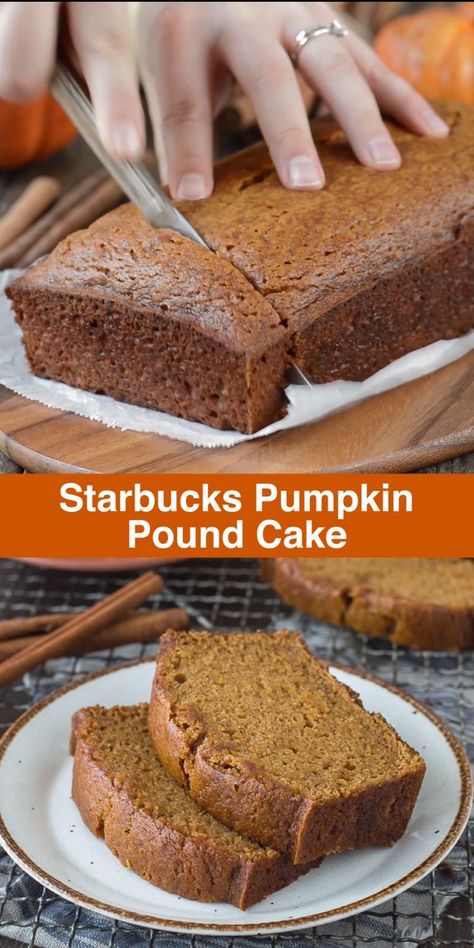 This recipe tastes just like Starbucks Pumpkin Pound Cake - takes 15 minutes to prep, you will want to share this with friends and family! Can be made in muffin, mini muffin or mini loaf pans. #pumpkinbread #starbuckspumpkinbread #pumpkinloaf #pumpkinpoundcake Starbucks Pumpkin Pound Cake, Pumpkin Pound Cake, Starbucks Pumpkin Bread, Pumpkin Loaf, Starbucks Pumpkin, Pumpkin Bread Recipe, Mini Loaf, Delicious Bread, Pound Cake Recipes