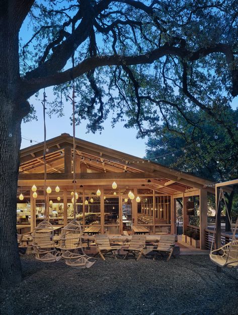 Michael Hsu, Outdoor Restaurant Patio, Farm Cafe, Casual Restaurant, Outdoor Restaurant Design, Natural Homes, Casual Dining Rooms, Live Oak Trees, Outdoor Restaurant