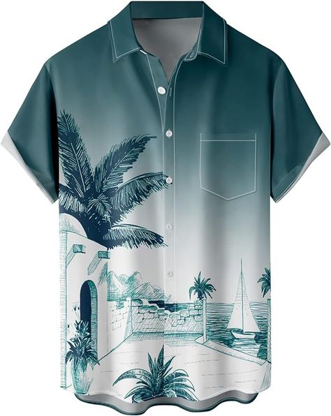 Hawaiian Shirts for Men Loose Short Sleeve Mens Beach Shirts Resort Casual Shirts Mens Beach Shirts, Resort Casual, Resort Look, Oversized Tops, Casual Dating, Graphic Print Shirt, Travel Tees, Tropical Shirts, Hawaiian Shorts