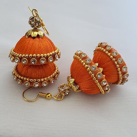 Silk Thread Jhumkas, Silk Thread Earrings Designs, Silk Earrings, Silk Thread Necklace, Silk Thread Earrings, Diy Wire Earrings, Diy Jewellery Designs, Orange Jewelry, Thread Necklace