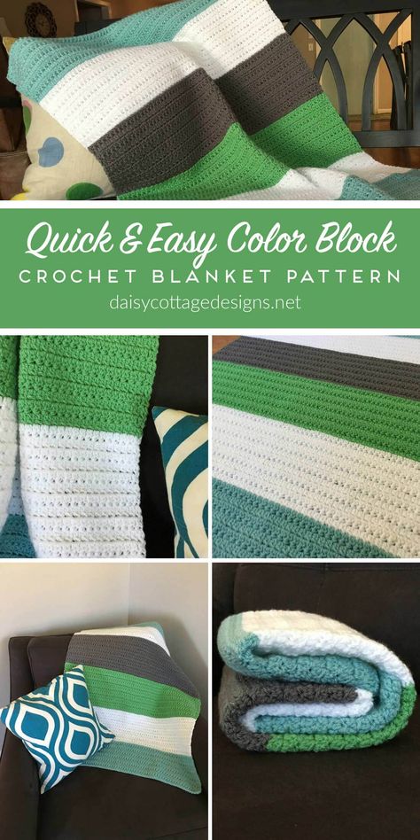 Crochet Blanket Pattern | Crochet Baby Blanket | Free Crochet Pattern | Color Block Crochet Blanket | Use this quick and easy crochet blanket pattern from Daisy Cottage Designs to create a gorgeous color block blanket for your next project. Crochet Blanket Patterns 3 Colors, Crochet Color Block Blanket, Three Color Crochet Blanket Pattern, 2 Color Crochet Blanket Pattern, Color Block Crochet Blanket, Crochet Block Blanket, Block Crochet Blanket, Color Block Blanket, Daisy Cottage Designs