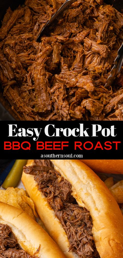 Easy Crock Pot BBQ Beef Roast Bbq Beef Roast Crock Pot, Bbq Beef Sandwiches Crockpot, Bbq Roast Crockpot, Bbq Beef Roast, Bbq Beef Crockpot, Beef Roast Crockpot Recipes, Bbq Pot Roast, Crockpot Bbq Beef, Crock Pot Bbq Beef