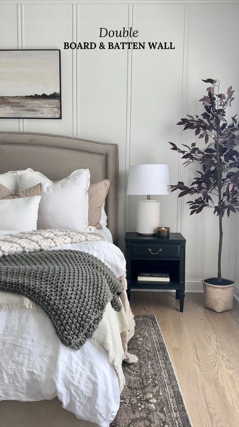 Board And Batten Bedroom Ideas, Farmhouse Bedroom Accent Wall Ideas, Board And Batten Bedroom Accent Wall, Double Board And Batten Wall, Board And Batten Accent Wall Bedroom, Double Board And Batten, Master Accent Wall Ideas, Bedroom Focal Wall, Bedroom Board And Batten Wall