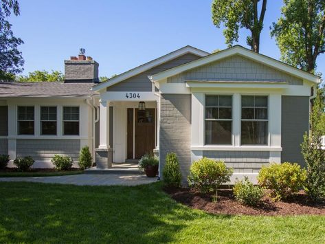 Modern-Rustic Ranch Home's Simple, Elegant Front Landscaping 1960s Ranch House Exterior, L Shaped Ranch, Ranch House Exterior, Black Shutters, Ranch Remodel, Ranch Exterior, Front Landscaping, Exterior Remodel, Ranch Style Homes