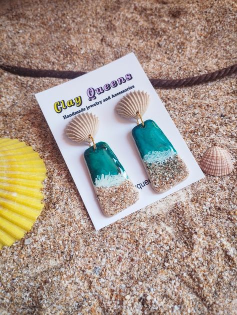 Polymer clay earrings With beach effect perfect for summer Beach Polymer Clay, Ocean Clay Earrings, Ocean Polymer Clay Earrings, Beach Polymer Clay Earrings, Summer Polymer Clay, Summer Clay Earring Ideas, Polymer Clay Earrings Summer, Summer Clay Earrings, Resin Jewerly