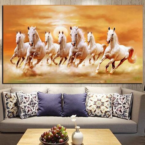 Seven Horses Painting On Canvas, Horses Painting On Canvas, Painting Living Rooms, Seven Horses Painting, Seven Horses, White Horse Painting, Horses Painting, Animal Canvas Paintings, Horse Canvas Painting