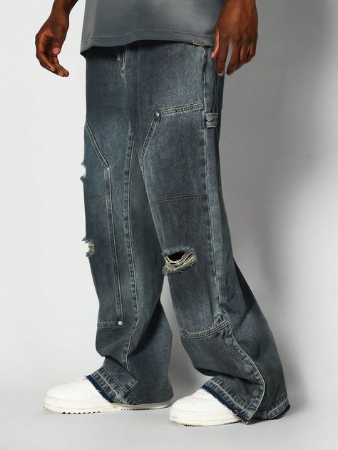 SUMWON Loose Fit Washed Distressed Flare JeanI discovered amazing products on SHEIN.com, come check them out! Denim Men, Mens Outfit Inspiration, Jeans Grey, Loose Outfit, Jeans Men, Grey Denim, Baggy Jeans, Men Clothing, Mens Denim