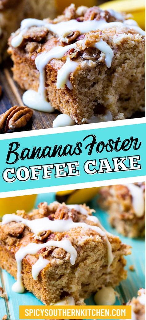 A moist Bananas Foster Coffee Cake topped with a pecan streusel and a creamy rum sauce. Perfect for a southern breakfast or brunch. Bananas Foster Bundt Cake, Banana Nut Coffee Cake, Bananas Foster Recipe, Banana Fosters, Banana Foster Recipe, Banana Foster, Rum Sauce, Spicy Southern Kitchen, Southern Breakfast