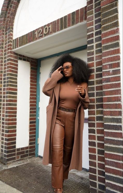 Brown Leather Blouse Outfit, Brown Leather Tights Outfit, Brown Suede Pants Outfit, Chocolate Brown Outfits For Women, Brown And Tan Outfits, Brown Tones Outfit, Brown On Brown Outfit, Leather Blouse Outfit, Brown Color Outfit