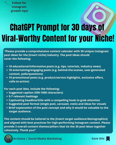 🔊30 Days of Irresistible Instagram Content for YOUR Niche! Creating an engaging Instagram content plan can be a challenge, especially when you want to cater to your specific audience while covering different content buckets. That's why I've put together this handy prompt to help generate 30 fresh and tailored post ideas for your niche! Simply fill in your industry name and target demographics, and you'll receive a comprehensive content calendar. It includes 10 educational posts to inform y... Content Buckets, Instagram Branding Design, Content Plan, Simply Filling, Content Calendar, Instagram Branding, Instagram Content, Content Planning, Niche Marketing