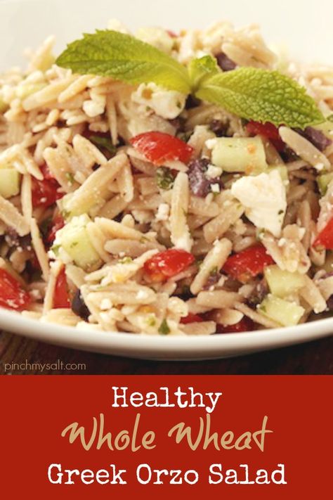 This healthy and easy Greek orzo salad with feta is a delicious pasta salad recipe made with whole wheat orzo, cucumbers, tomatoes, kalamata olives, and fresh herbs. The light lemon dressing is fantastic! | pinchmysalt.com Pasta With Olives, Salad Cake, Greek Orzo Salad, Orzo Salad Recipes, Orzo Recipes, Orzo Salad, Whole Wheat Pasta, Simply Recipes, Pasta Salad Recipes