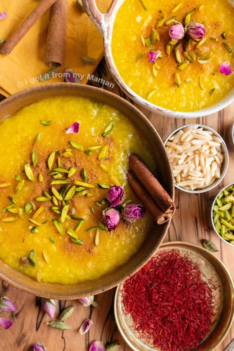 Shole Zard Recipe - Persian Saffron Rice Pudding Persian Rice Pudding, Saffron Rice Pudding, Easy Persian Desserts, Persian Sandwich, Authentic Persian Recipes, Persian Sweets, Persian Food Traditional, Persian Breakfast, Persian Food Recipes