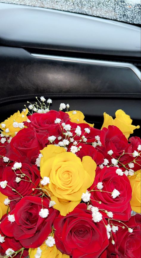 Red And Yellow Roses Bouquet, Yellow Flowers Arrangements, Hoco Bouquet, Yellow Roses Bouquet, Yellow Rose Bouquet, Red Rose Arrangements, Red And Yellow Roses, Roses Bouquet, Flowers Arrangements