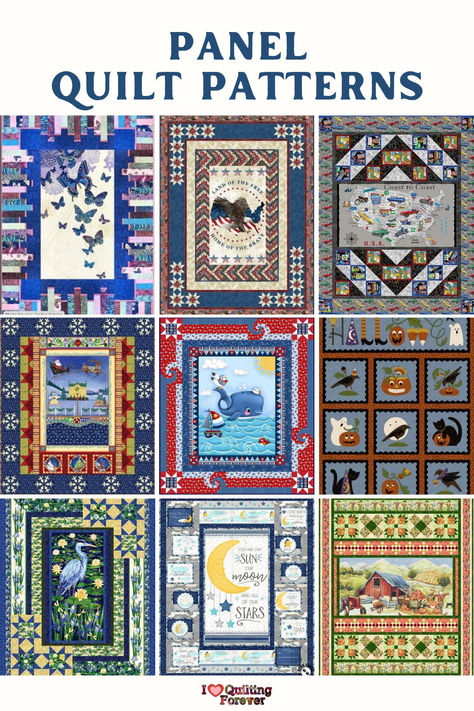 Top 20 Free Panel Quilt Patterns (+9 Bonus Patterns For Sale) Japanese Quilt Patterns, Strip Quilt Patterns, Panel Quilt Patterns, Fabric Panel Quilts, Quilting Designs Patterns, Japanese Quilts, Patriotic Quilts, Beginner Quilt Patterns, Quilt Border