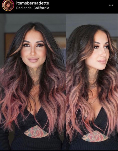 Rose Gold Dark Roots, Dark Brown And Rose Gold Hair, Dark Hair With Pastel Pink Highlights, Rose Gold Balayage On Dark Hair, Year Round Hair Color, Brown Hair With Pink And Purple Highlights, Dark Roots With Pink Hair, Dark Brown Rose Gold Hair, Dusty Rose Highlights Brunette