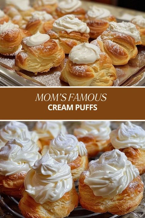 MOM’S FAMOUS CREAM PUFFS Famous Cream Puffs, Betty Crocker Cream Puffs Recipe, Moms Famous Cream Puffs, Marshmallow Crescent Puffs, Puff Recipes, Baked Potato Chicken Casserole, Cream Puffs Recipe Easy, Cream Puff Dessert, Cream Puffs Recipe