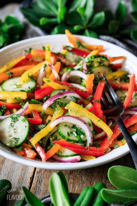 Low carb bell pepper salad is a super healthy side dish or vegan main course that the whole family will love. Red, yellow, and orange peppers, cucumbers, onion, herbs, and a homemade dressing make this easy salad full of color, flavor, and nutrients. It’s a perfect addition to a clean eating meal for weight loss! Sides For Tacos, Taco Side Dishes, Bell Pepper Salad, Vegan Main Course, Pepper Salad, Healthy Side Dish, Bell Pepper Recipes, Orange Peppers, Low Carb Salad